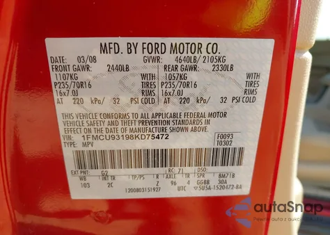 2008 Ford Escape Xlt z USA, uszkodzony, nr VIN 1FMCU93198KD75472